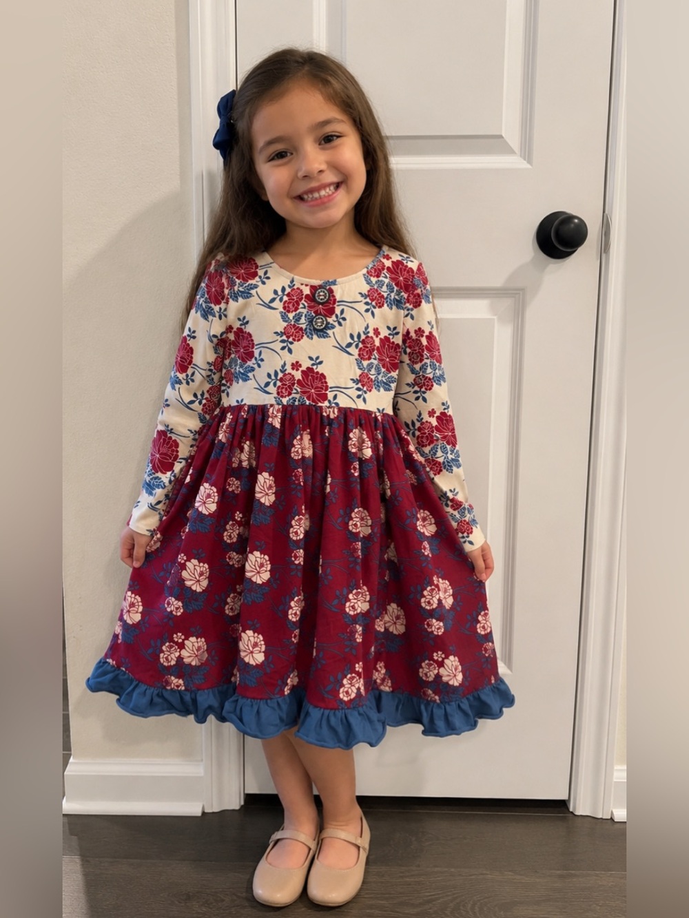 Wildflowers Burgundy, Cream, and Blue Floral Ruffle Hem Dress